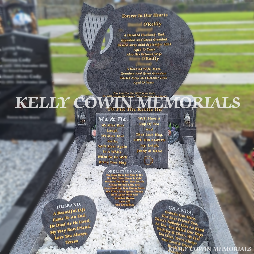 Front view close up of custom Blue Lagoon harp detail headstone in Mulhuddart Cemetery