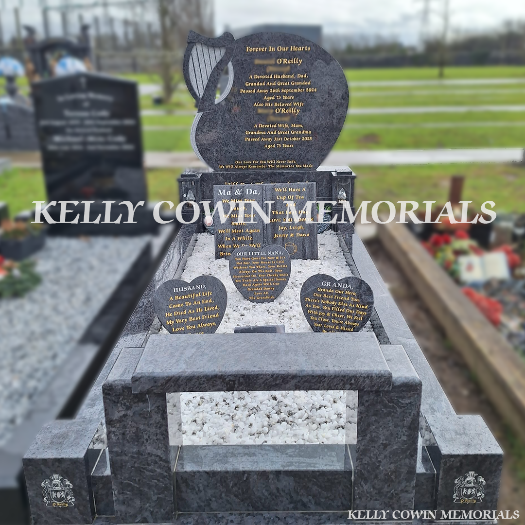 Front view of custom Blue Lagoon harp detail headstone in Mulhuddart Cemetery