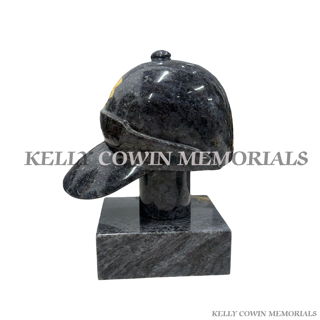 Blue Lagoon granite cap and sunglasses grave accessory with custom engraving for memorials in Dublin and nationwide Ireland