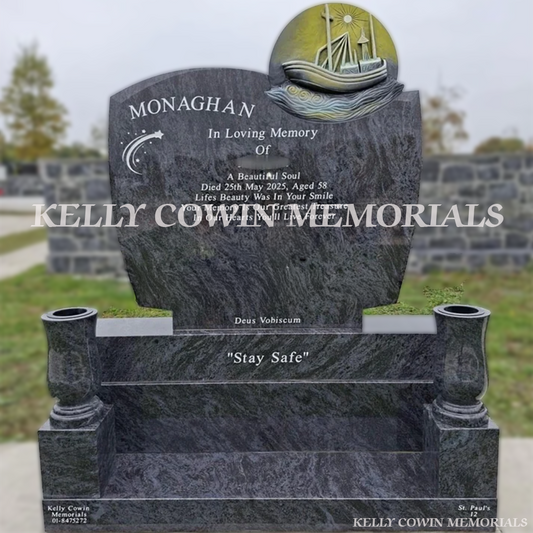 Blue Lagoon Granite custom boat C1 headstone with sub-base, base and plinth with two vases on blocks installed in Balgriffin Cemetery by Kelly Cowin Memorials