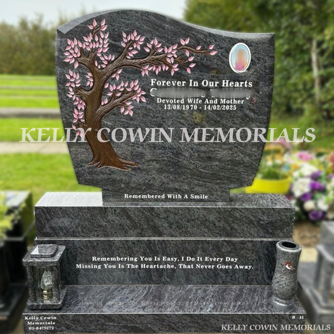 Blue Lagoon Granite C1 Headstone – Carved Blossom Tree Design - Kelly Cowin Memorials