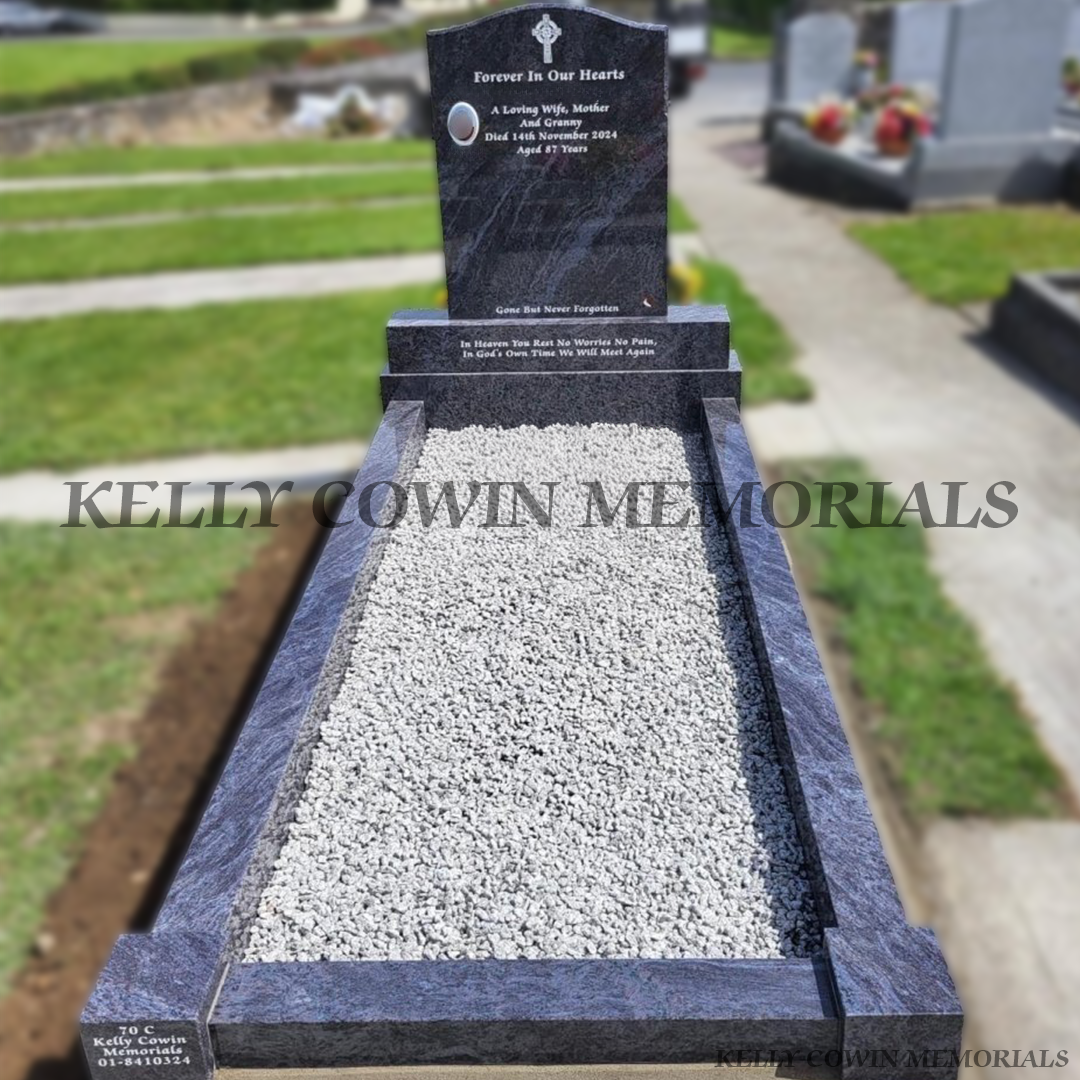 Blue Lagoon granite headstone with kerbing and chippings installed in Balgriffin Cemetery, Dublin by Kelly Cowin Memorials