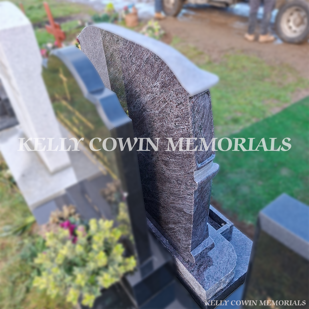 Blue Lagoon granite campervan style headstone with 9x12 oval ceramic photograph in Shanganagh Cemetery