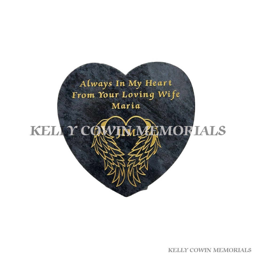 Shop personalised Blue Lagoon granite heart memorial plaques in Dublin and across Ireland. Beautiful engraved grave hearts with local and nationwide service from Kelly Cowin Memorials.