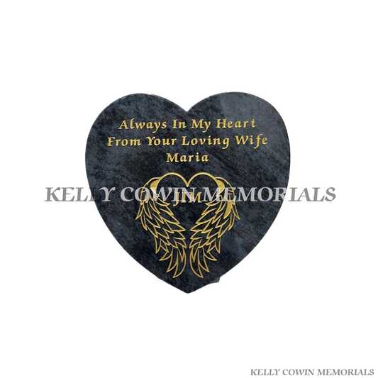 Shop personalised Blue Lagoon granite heart memorial plaques in Dublin and across Ireland. Beautiful engraved grave hearts with local and nationwide service from Kelly Cowin Memorials.