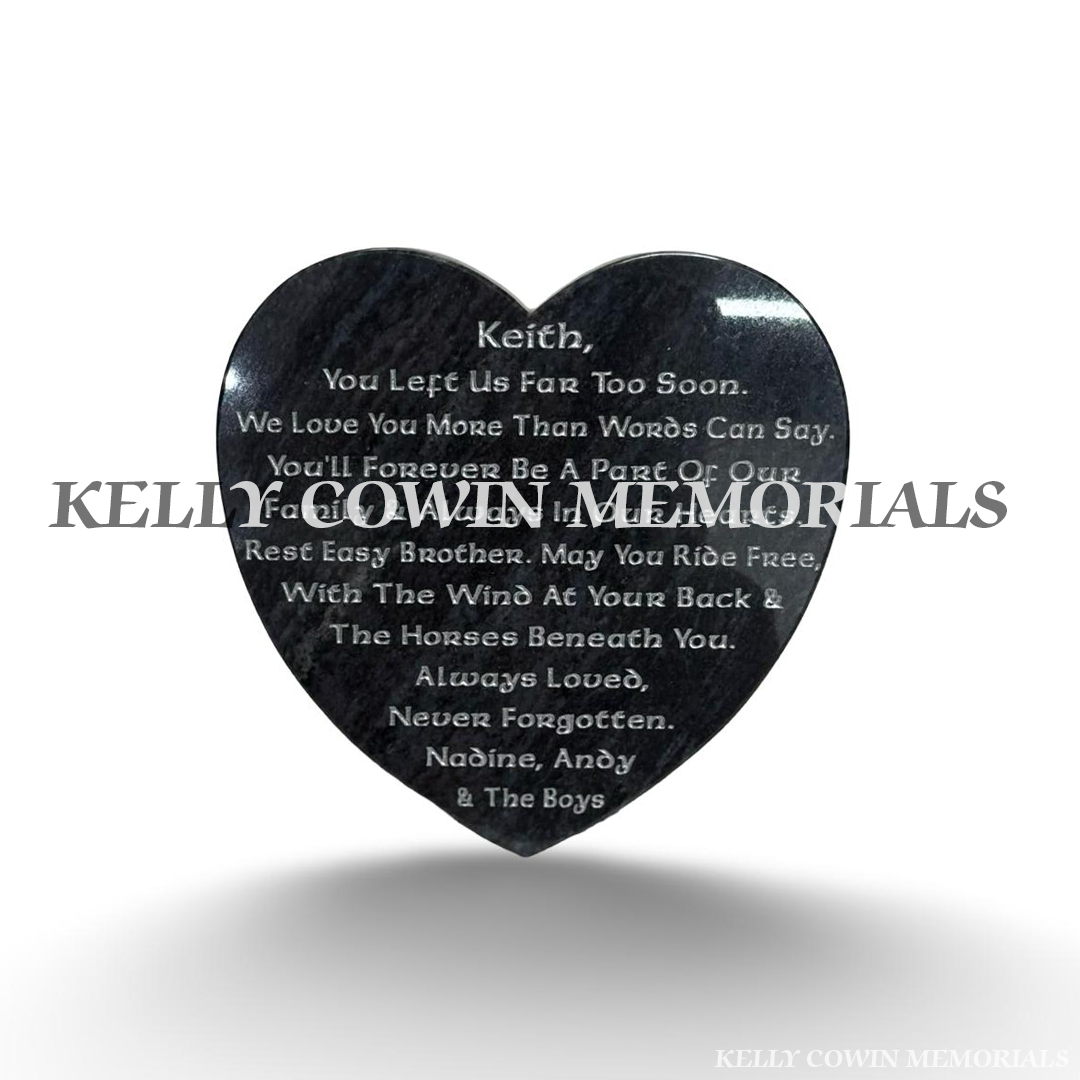 12-inch polished Blue Lagoon granite heart memorial plaque with personalised silver inscription and custom remembrance verse.