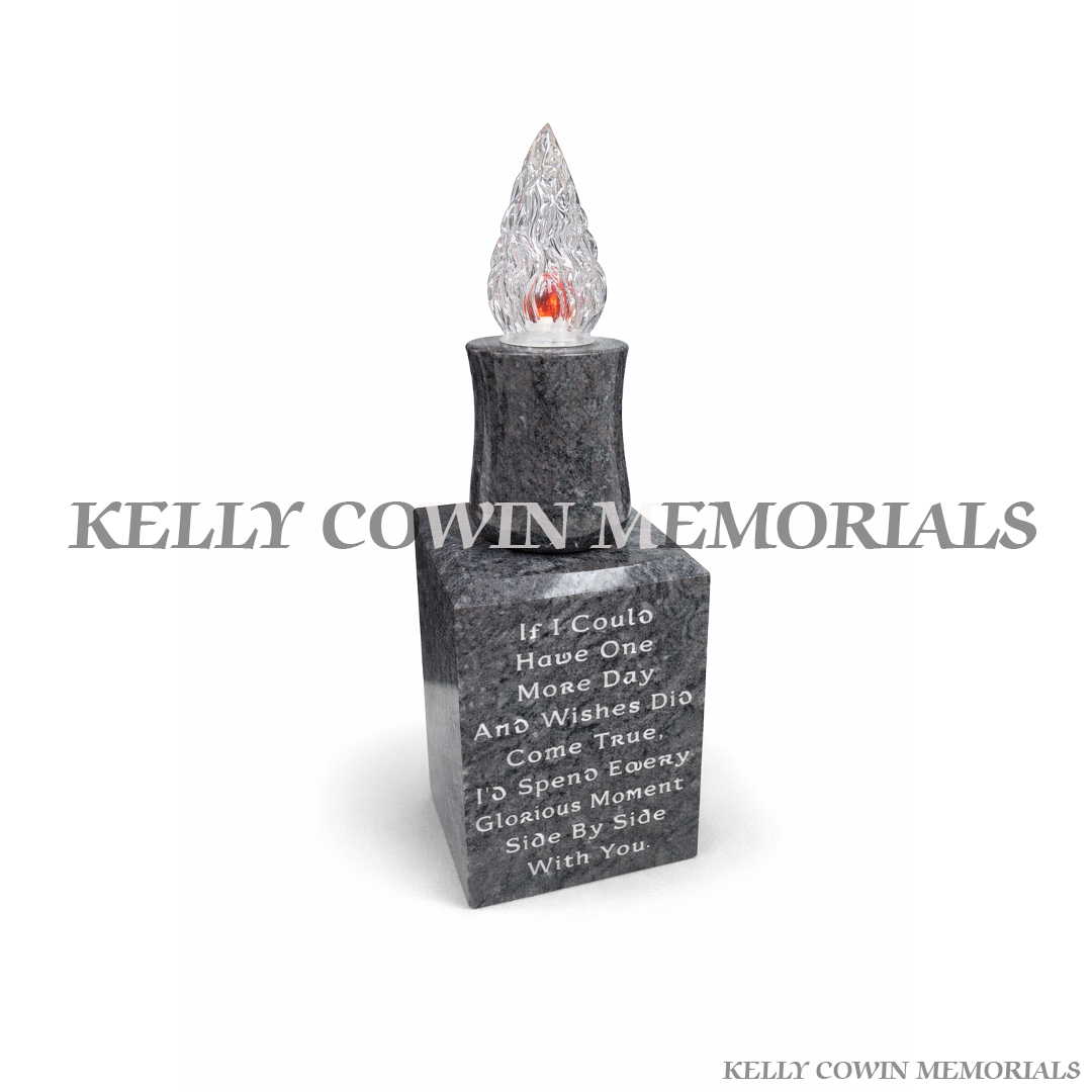 Blue Lagoon granite internal flame memorial light on matching engraved block base Ireland