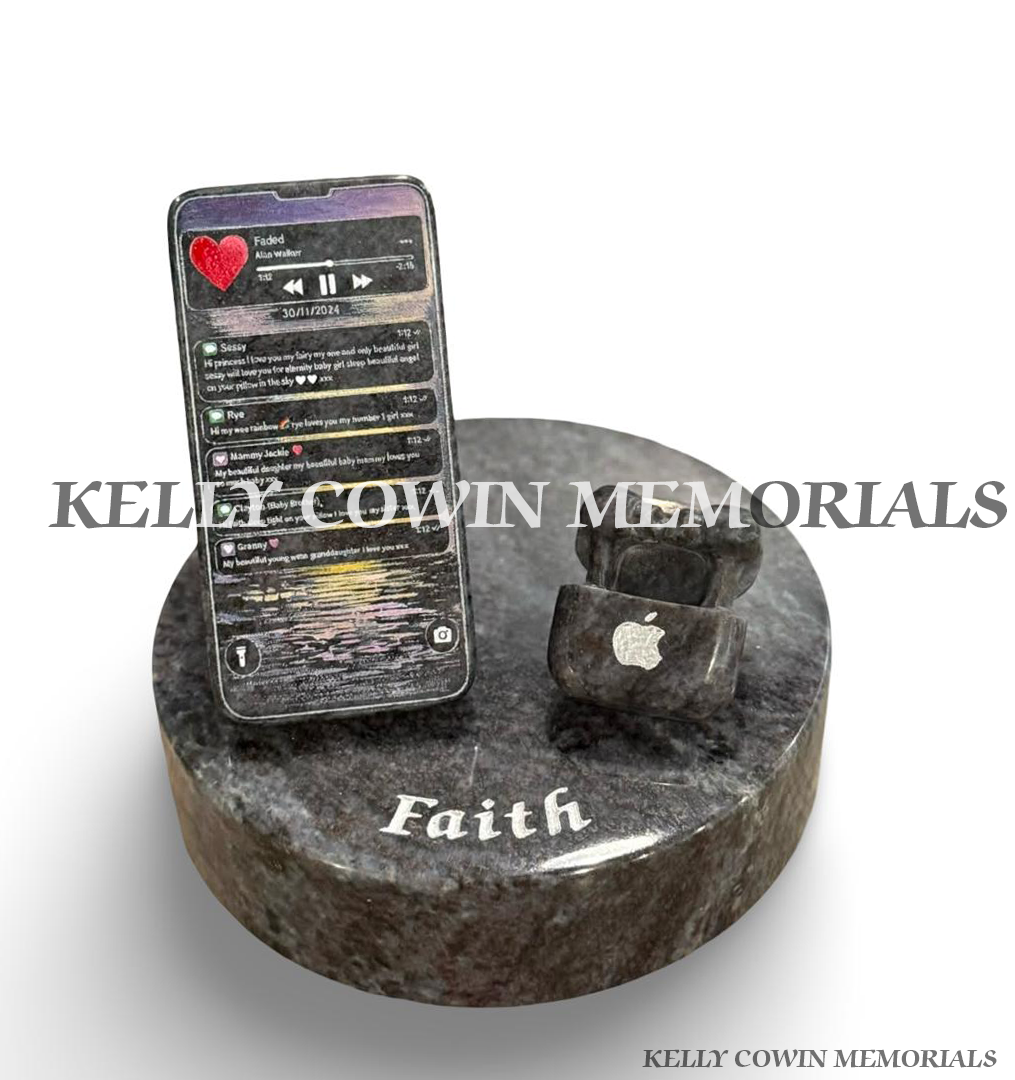 Bespoke Blue Lagoon granite iPhone memorial with laser-etched screen, granite AirPods and personalised circular plinth by Kelly Cowin Memorials.