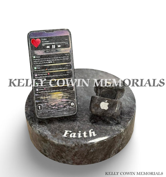 Bespoke Blue Lagoon granite iPhone memorial with laser-etched screen, granite AirPods and personalised circular plinth by Kelly Cowin Memorials.