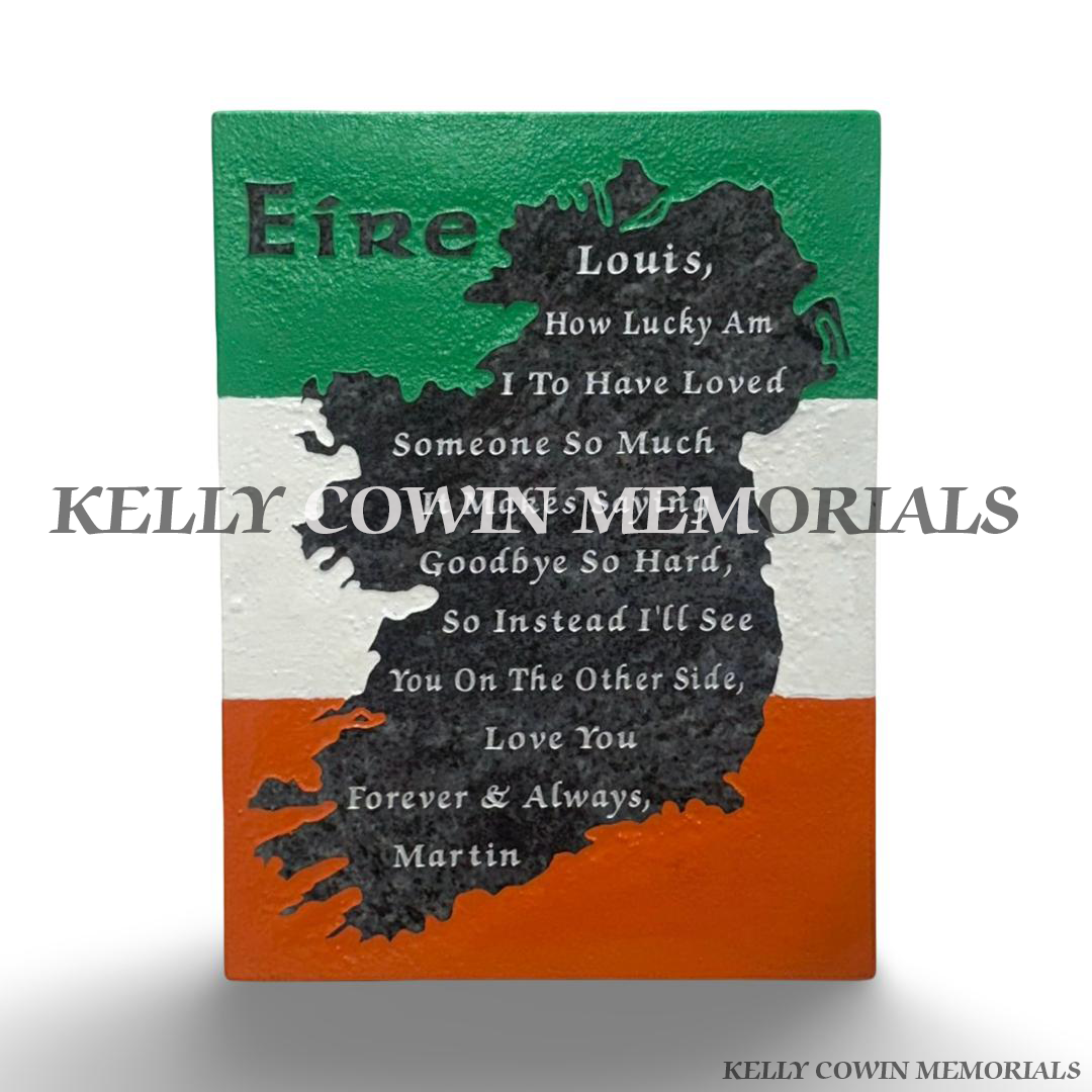 Custom Ireland Map memorial plaque with Irish Tricolour design and engraved silver wording for cemetery graves and memorials in Dublin and across Ireland.