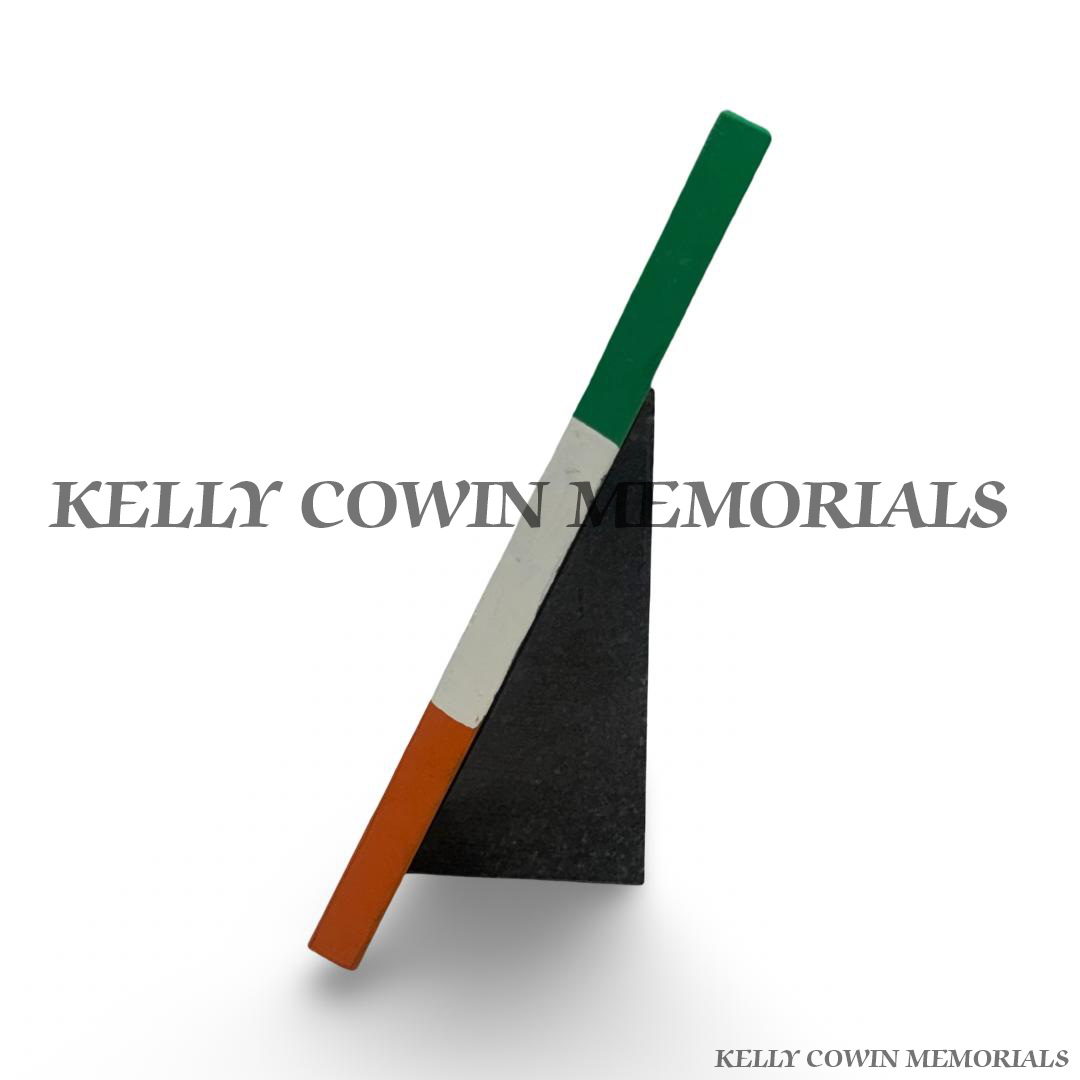 Side view of Custom Ireland Map memorial plaque with Irish Tricolour design and engraved silver wording for cemetery graves and memorials in Dublin and across Ireland.