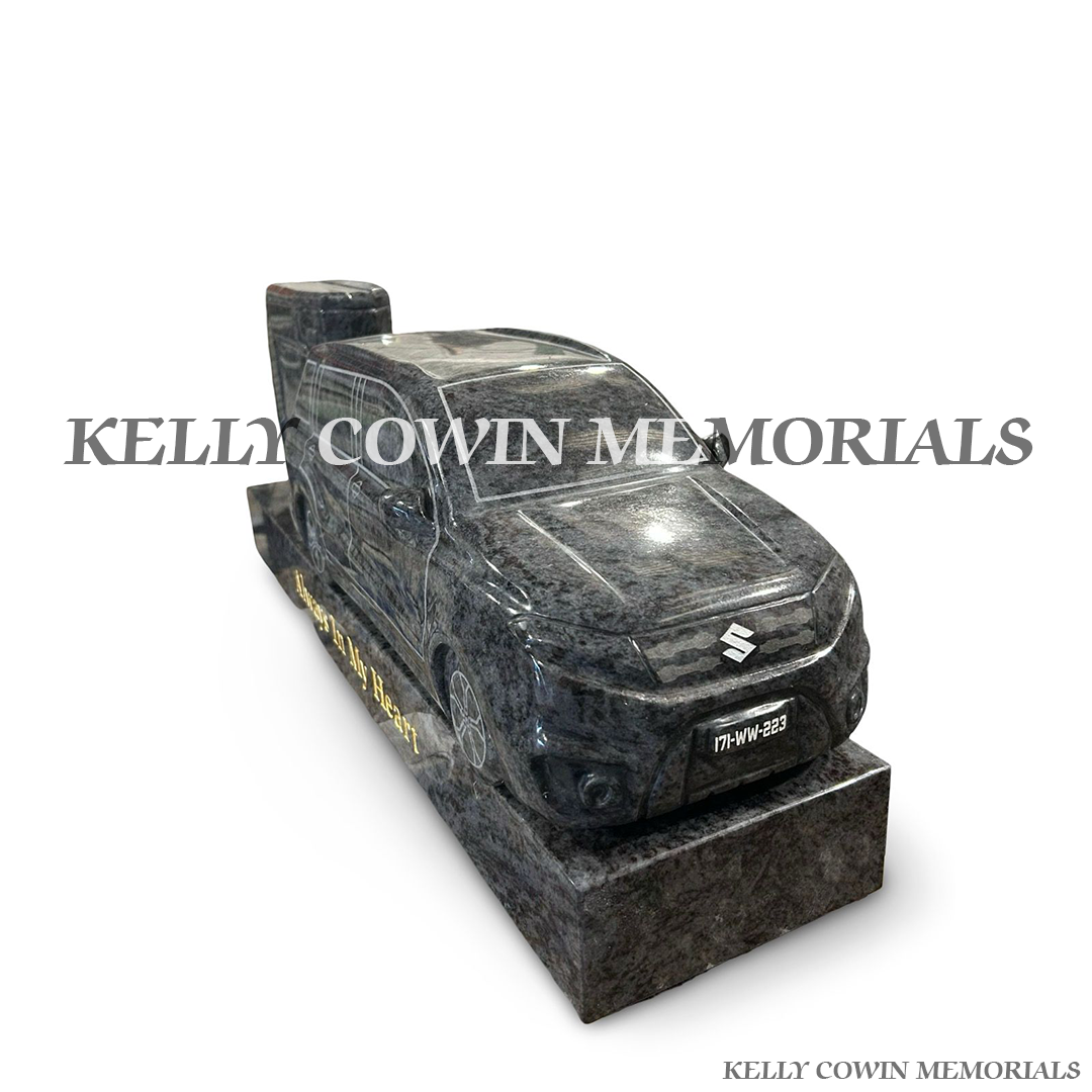 Front view of Blue Lagoon granite jeep and horse box memorial accessory
