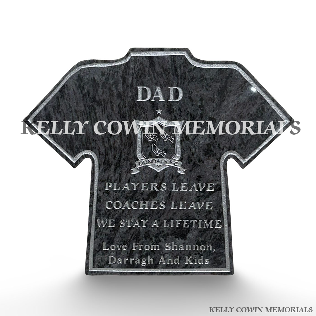 Front view of Blue Lagoon jersey plaque with Dundalk FC crest and silver inscription