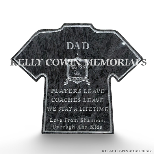 Front view of Blue Lagoon jersey plaque with Dundalk FC crest and silver inscription