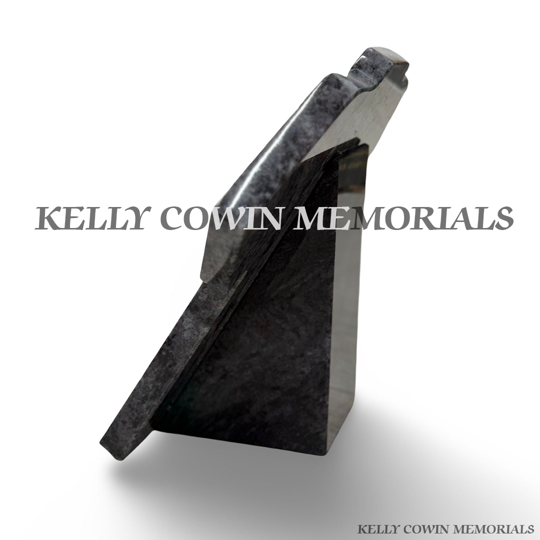 Side view of polished Blue Lagoon granite jersey memorial plaque
