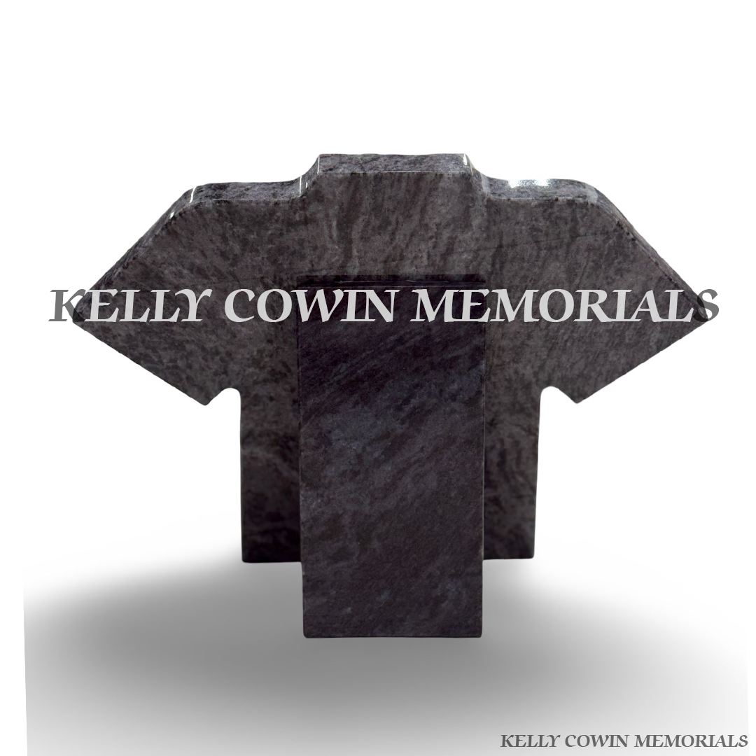 Back view of polished Blue Lagoon granite jersey memorial plaque