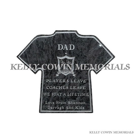 Blue Lagoon granite jersey plaque memorial with engraved sports tribute for graves in Dublin and nationwide Ireland