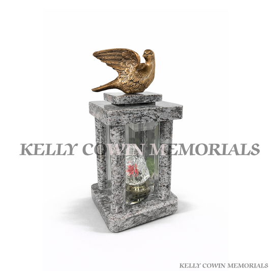 Blue Lagoon granite memorial lantern with bronze dove grave tribute light Ireland