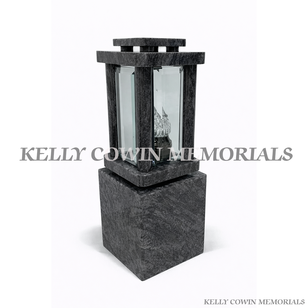 Blue Lagoon granite memorial lantern on matching block base grave light Ireland