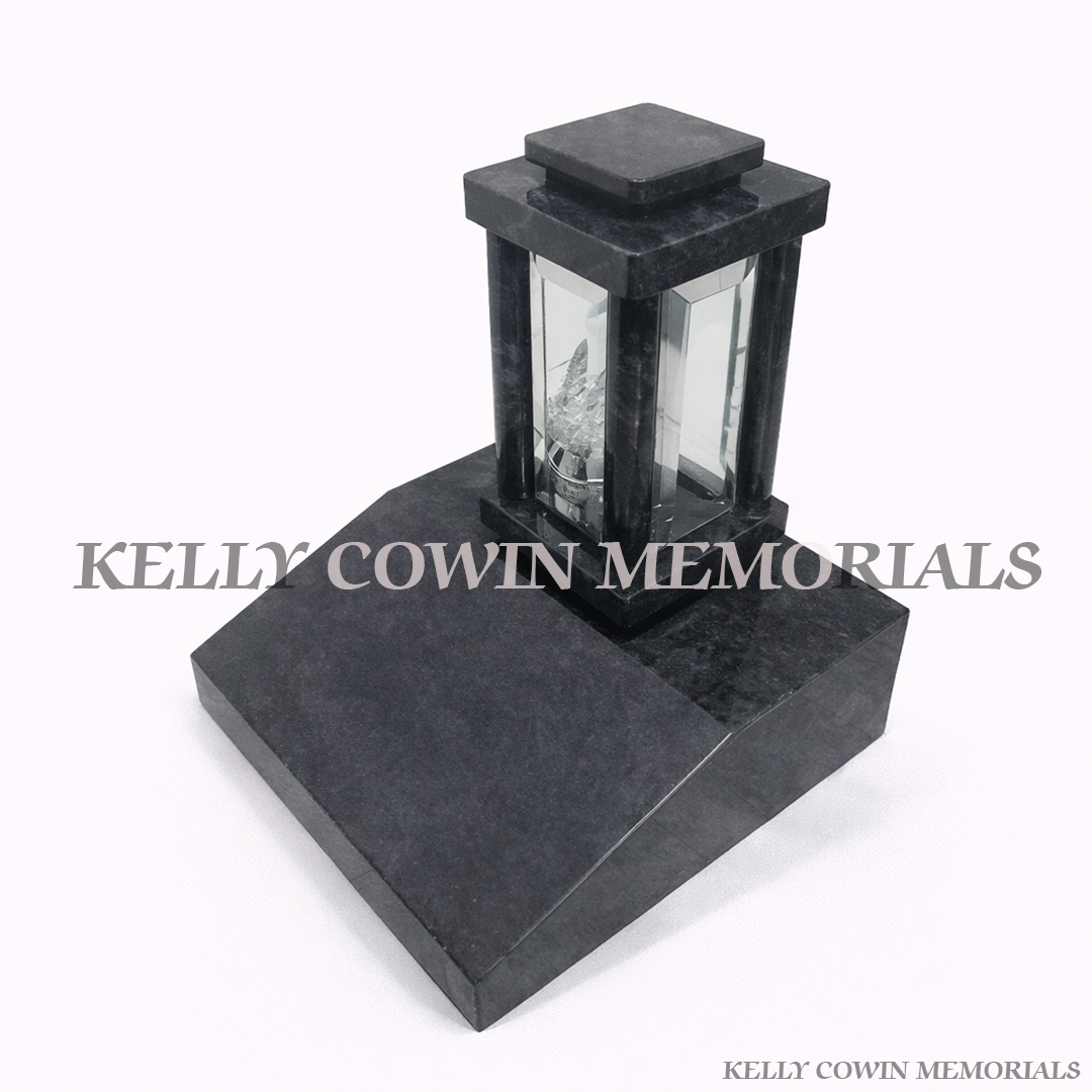 Blue Lagoon granite memorial lantern on sloped vase base grave tribute light Ireland