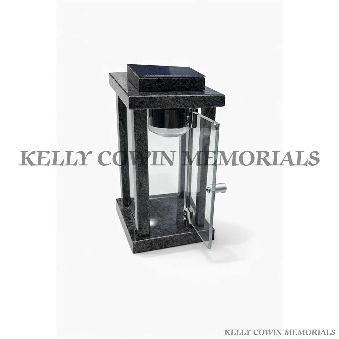 Blue Lagoon granite solar memorial lantern graveside light accessory supplied in Dublin and nationwide Ireland open view