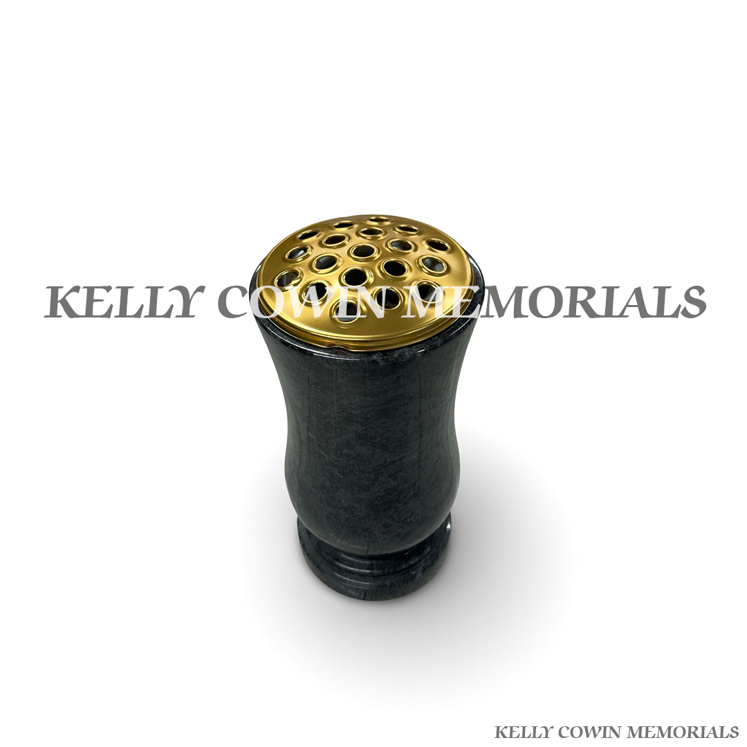 Close-up of gold lid on Blue Lagoon granite vase