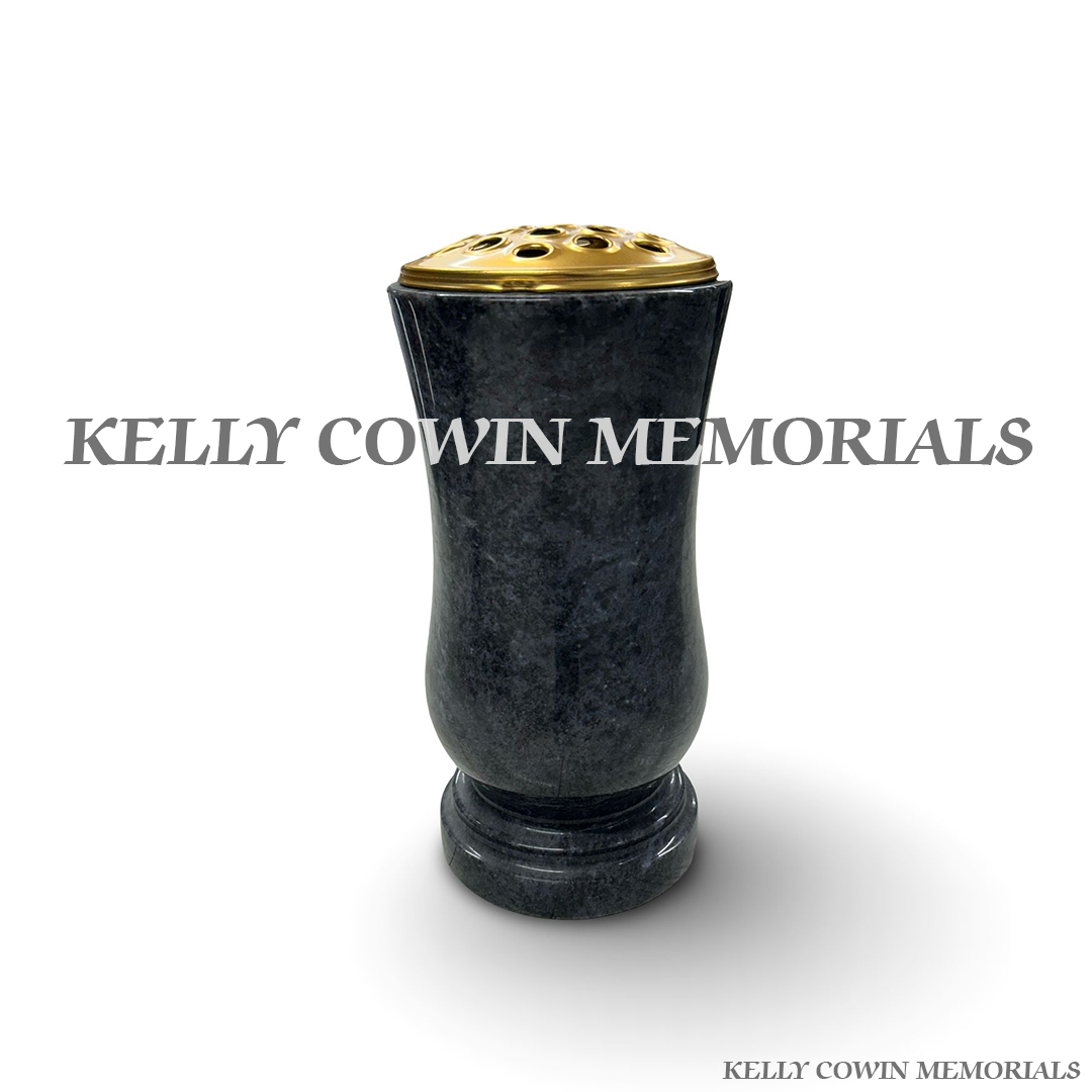 Front view of Blue Lagoon large tall vase with gold lid