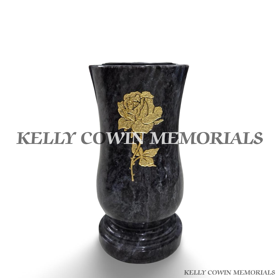 Large Blue Lagoon polished granite grave vase with natural blue-grey stone patterns, gold engraved flower design, curved shape, matching granite base and removable flower holder by Kelly Cowin Memorials Ireland.