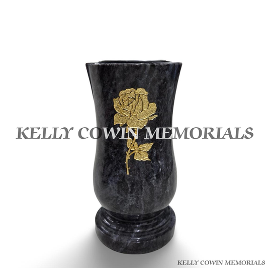 Large Blue Lagoon polished granite grave vase with natural blue-grey stone patterns, gold engraved flower design, curved shape, matching granite base and removable flower holder by Kelly Cowin Memorials Ireland.