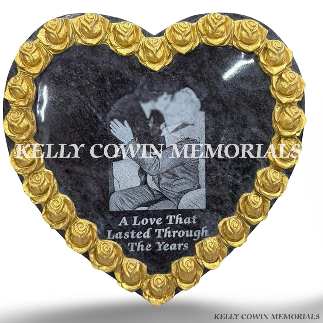 Blue Lagoon rose carved heart memorial plaque featuring a personalised laser-etched photograph and gold rose detailing.