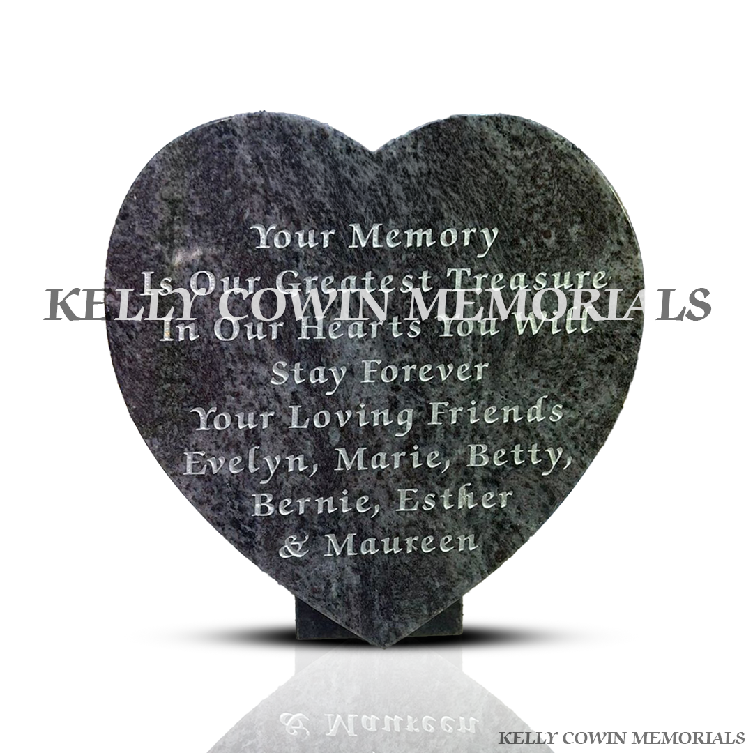 Front view of 12-inch Blue Lagoon granite heart plaque with engraved inscription