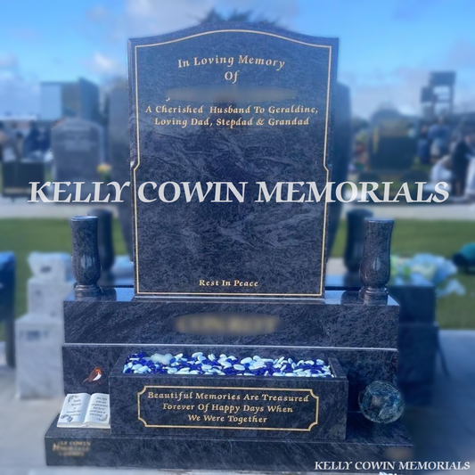 Front view of Blue Lagoon OG headstone on sub-base, base and plinth with flower box and vases in Balgriffin Cemetery Dublin