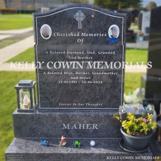 Blue Lagoon granite OG headstone with silver inscription erected in Balgriffin Cemetery Dublin by Kelly Cowin Memorials