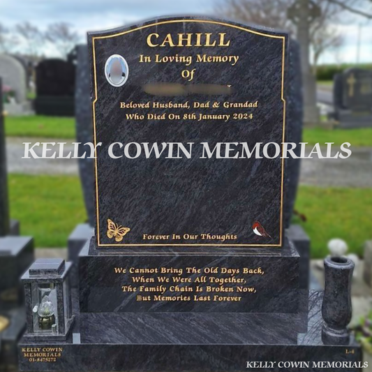 Front view of Blue Lagoon OG headstone with gold inscription and oval ceramic photograph in Dardistown Cemetery Dublin