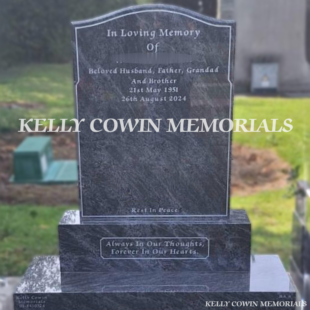 Front view of Blue Lagoon OG headstone with silver inscription on base and plinth in Flemington Cemetery Dublin