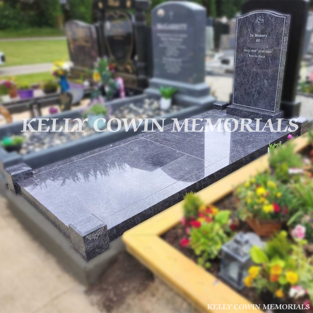 Side view of Blue Lagoon granite headstone with full kerbing and corner posts