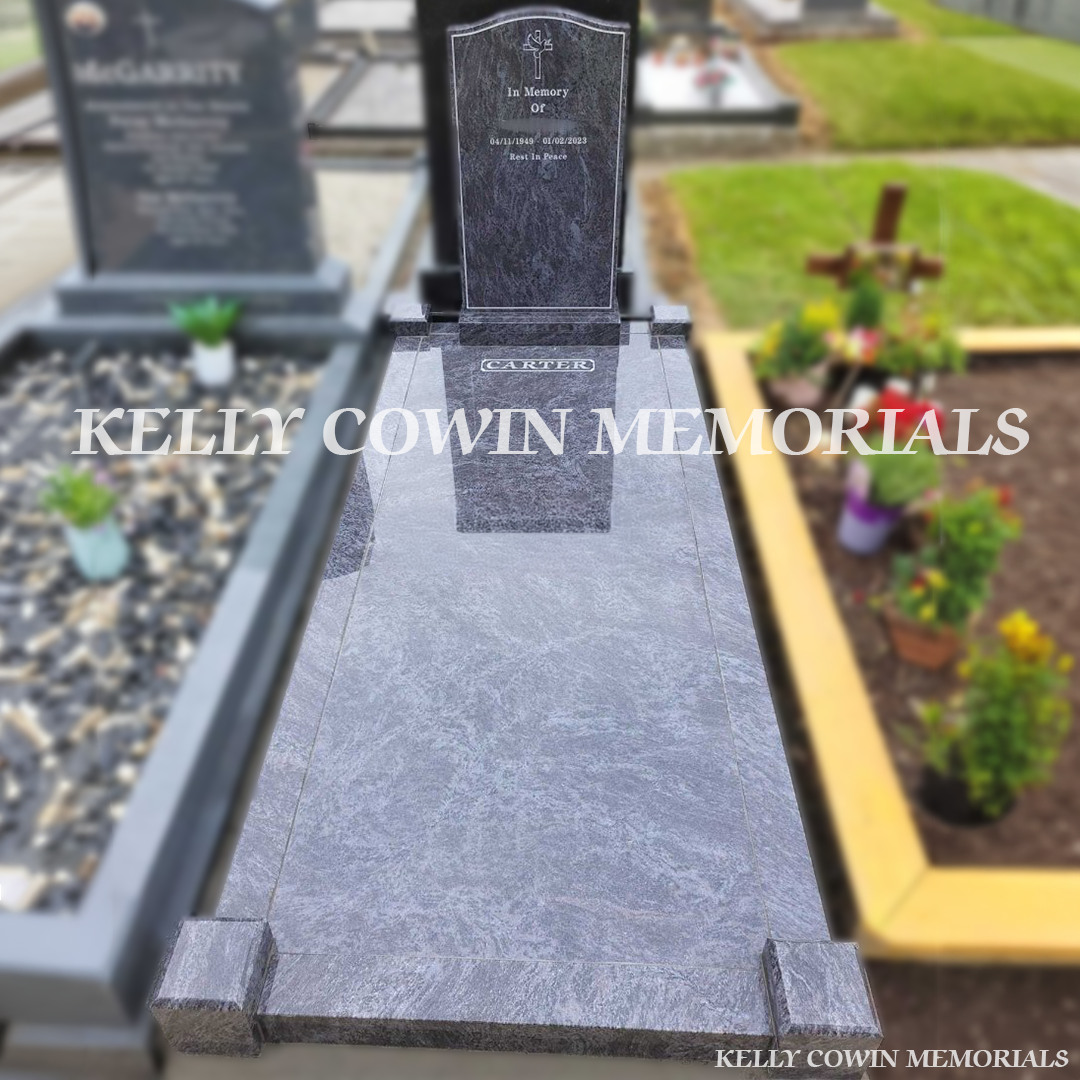 Front view of Blue Lagoon OG headstone with silver inscription in Donabate Cemetery