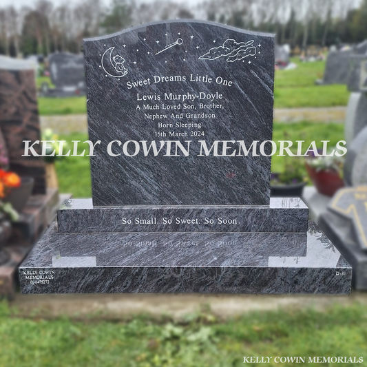 Front view of Blue Lagoon children’s OG headstone with silver inscription in Newlands Cross Cemetery