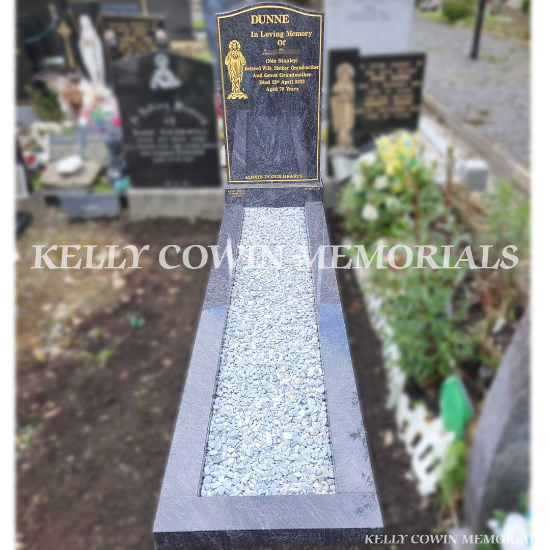 Blue Lagoon Granite OG-shaped headstone with kerbing for Glasnevin Cemetery by Kelly Cowin Memorials