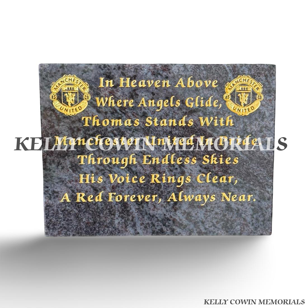 Blue Lagoon granite football memorial plaque with personalised gold inscription and engraved football crests by Kelly Cowin Memorials Ireland