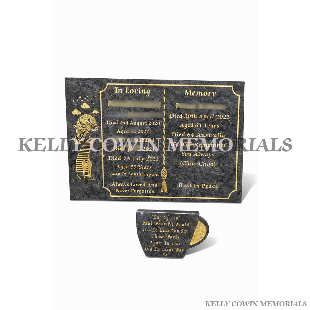 Blue Lagoon granite memorial plaque with Cup of Tea tribute engraved in gold lettering by Kelly Cowin Memorials Ireland
