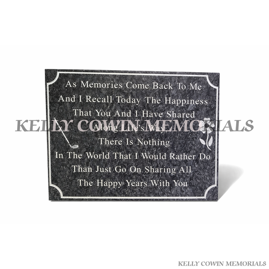Blue Lagoon granite memorial plaque engraved in silver lettering by Kelly Cowin Memorials Ireland