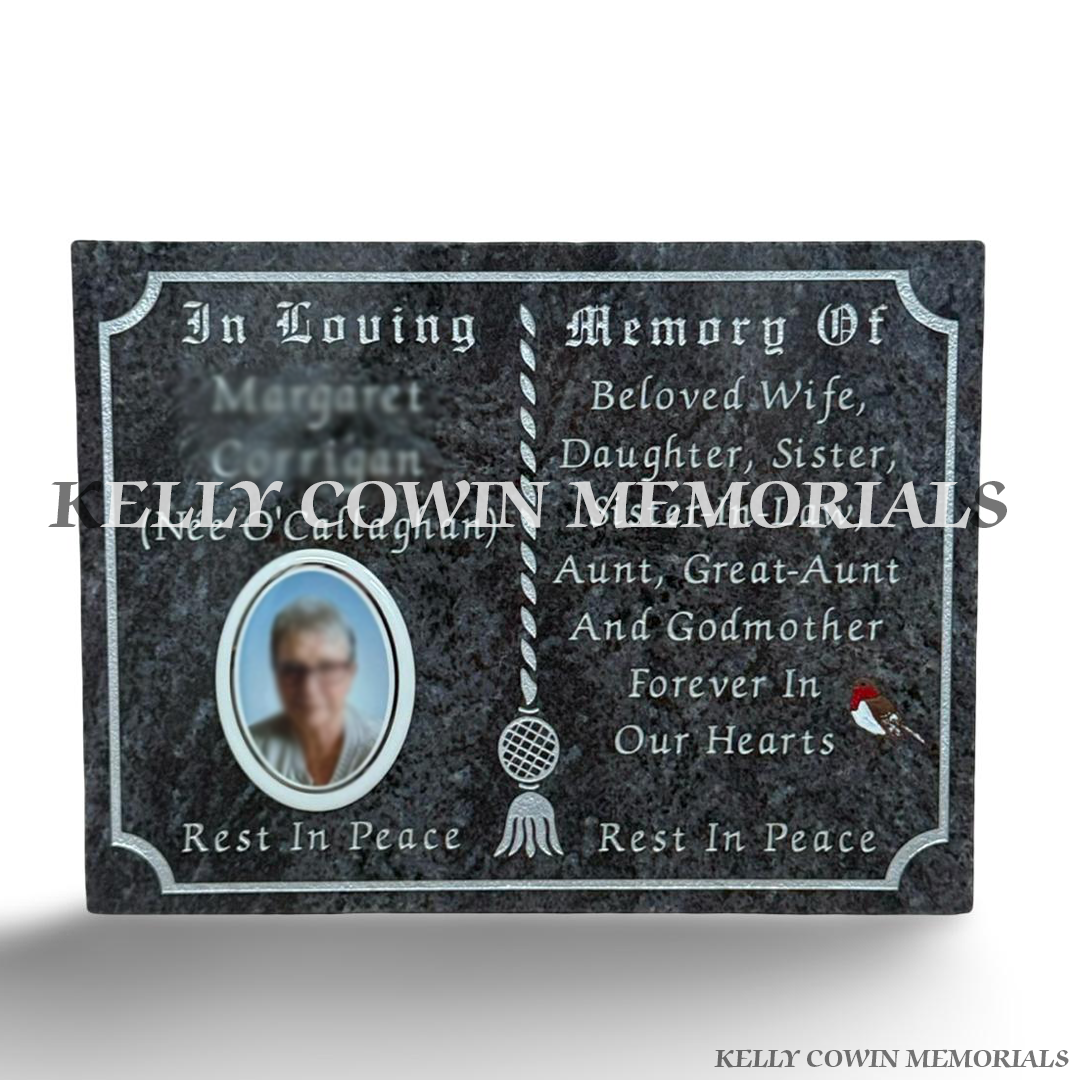 Blue Lagoon granite memorial plaque with ceramic photo, personalised silver engraving and engraved memorial images by Kelly Cowin Memorials Dublin Ireland
