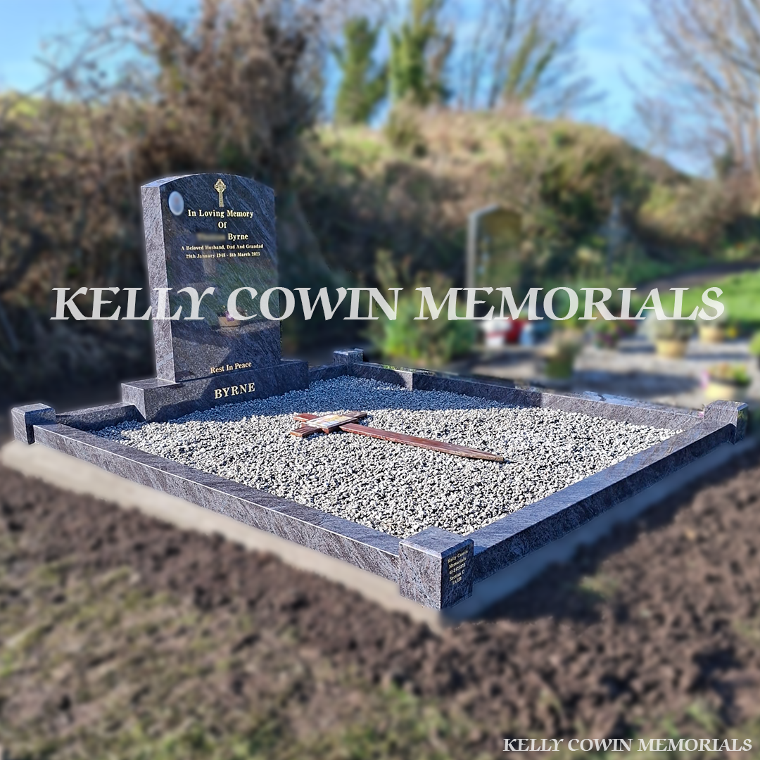 Side view of Blue Lagoon boulder memorial with full kerbing and corner posts