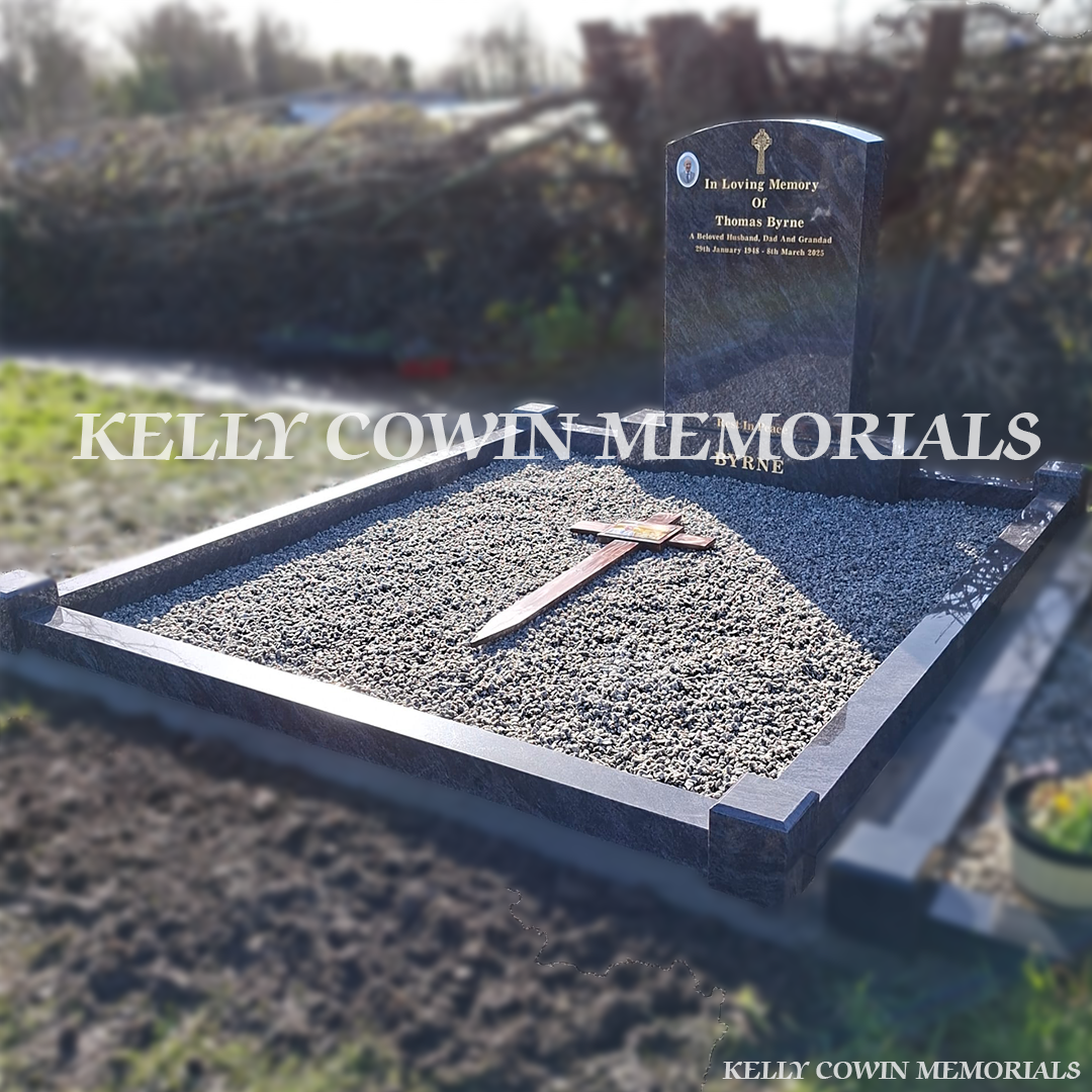 Side view of Blue Lagoon boulder memorial with full kerbing and corner posts