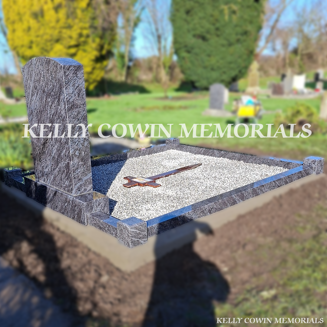 Rear view of Blue Lagoon polished boulder headstone installed in Balscadden Cemetery