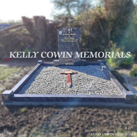 Front view of Blue Lagoon polished boulder headstone with gold inscription in Balscadden Cemetery