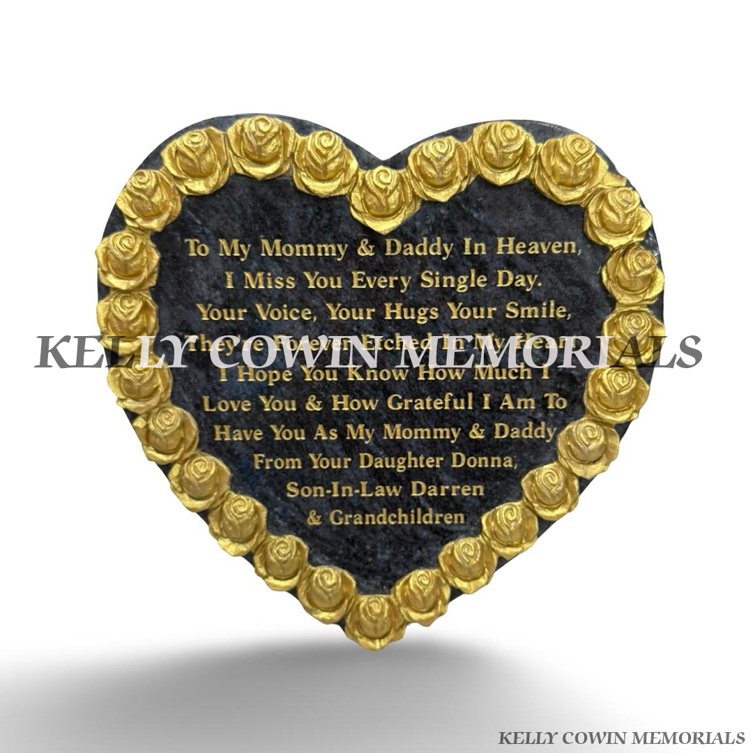 Blue Lagoon granite heart memorial plaque with raised gold rose border and personalised gold memorial inscription.