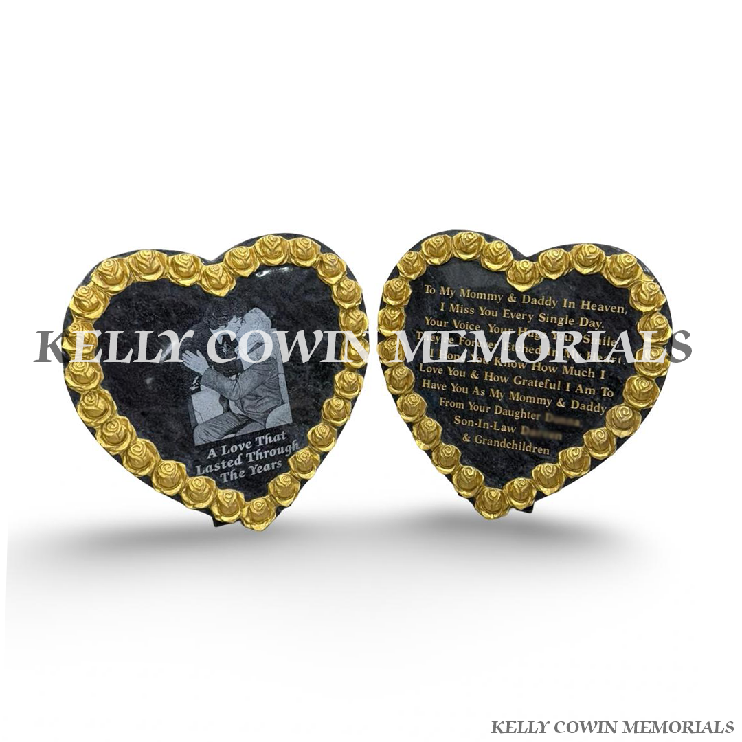 Two Blue Lagoon granite rose carved heart memorial plaques with gold detailing, personalised inscription and laser-etched photograph.