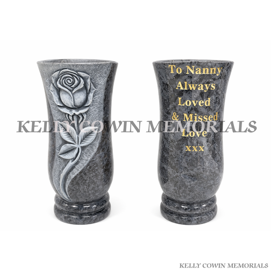 Blue Lagoon Granite Rose Carved Vase  | Kelly Cowin Memorials Ireland